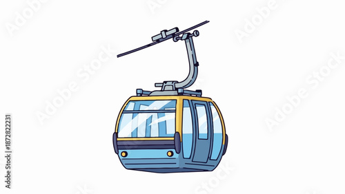Cartoon ski lift gondola suspended on a cable, isolated on white