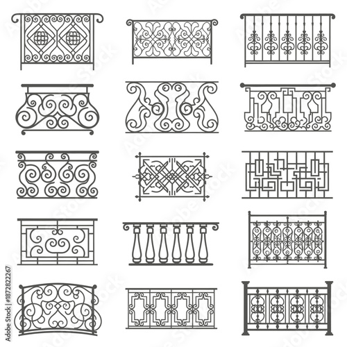 Collection of ornate iron railing designs for balconies and staircases