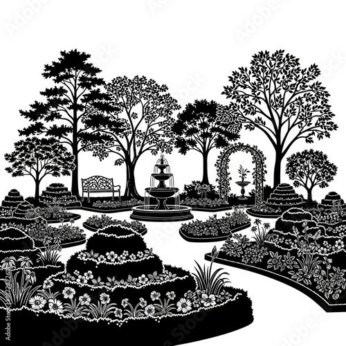 Intricate black and white illustration of a formal garden with a fountain
