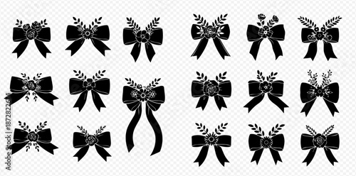 Elegant Bow Collection Black Silhouette with Floral Detail for Design and Decoration Craft Projects Weddings and Elegant Celebrations Set silhouette