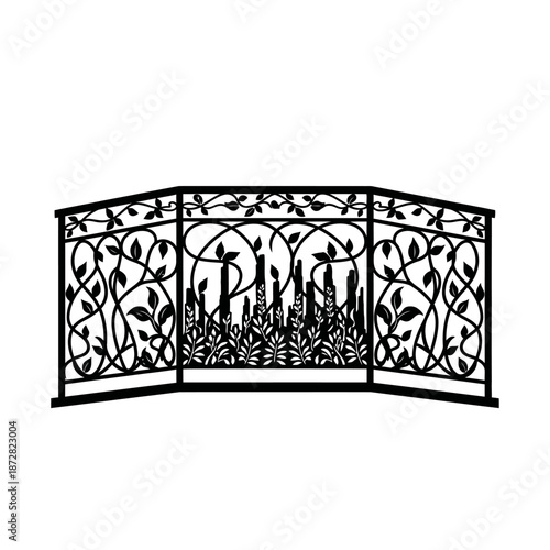 Ornate black metal railing with floral and leaf designs arched shape