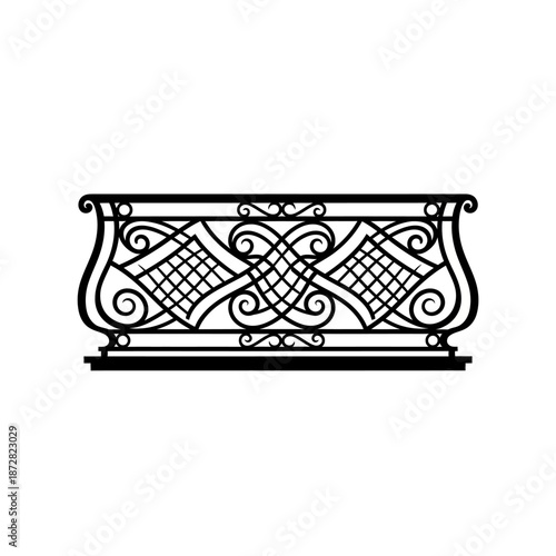 Ornate black metal railing design with swirling patterns and symmetrical details