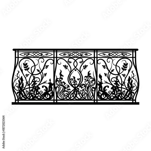 Elegant black wrought iron railing with floral and scrollwork design elements