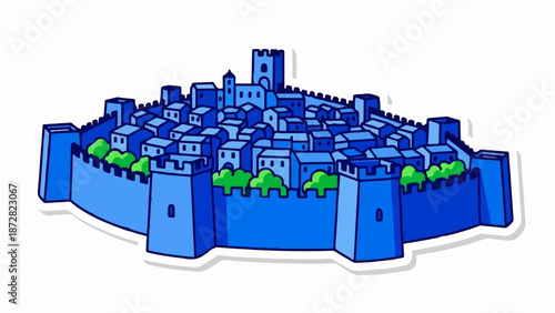 Cartoon illustration of a fortified ancient city with blue walls and buildings