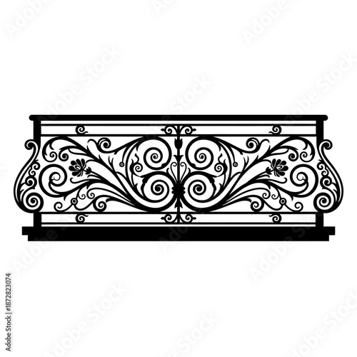 Intricate black metal railing panel with floral and swirling designs