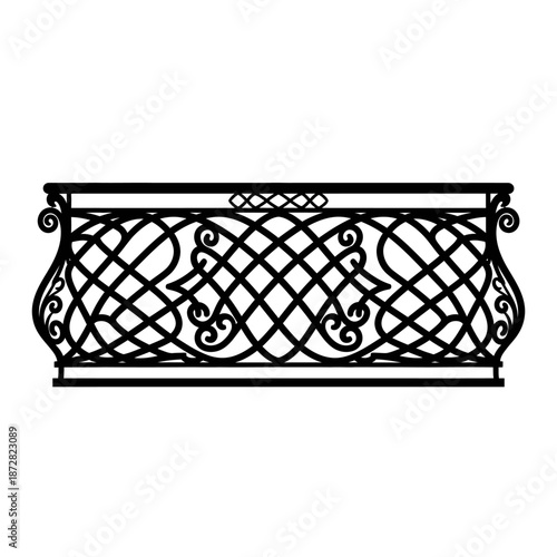 Decorative black metal railing design with intricate lattice and scrollwork details