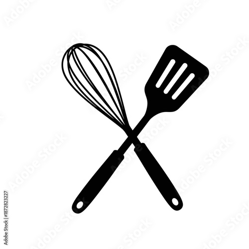 A crossed whisk and spatula black kitchen utensils on a white background