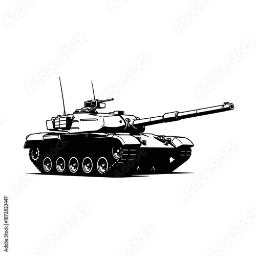 Detailed black and white illustration of a powerful military tank vehicle