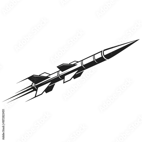 Stylized black and white illustration of a rocket with fins in flight