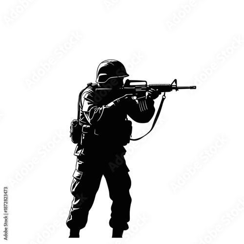 Silhouette of a soldier aiming a rifle sharply contrasted against white