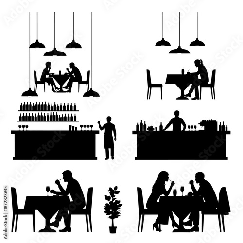 Black silhouettes depicting restaurant scenes with bar tables and people