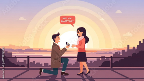 Man Proposing to Woman on Rooftop at Sunset, Romantic Illustration