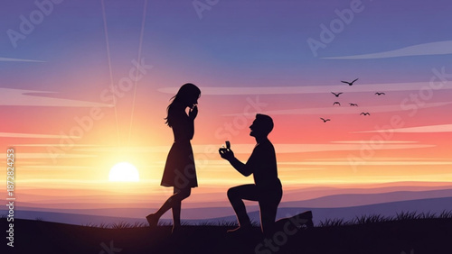 Man Proposing to Woman on One Knee at Sunset Silhouette