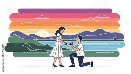 Man Proposing to Woman Kneeling on One Knee at Sunset with Lake View