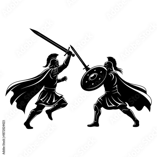 Two spartan warriors engaged in a fierce sword fight displaying strength and courage