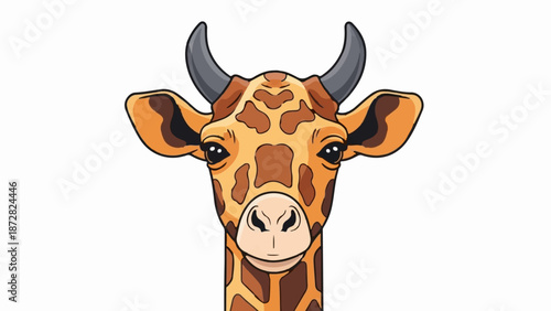 Cartoon illustration of a giraffe's head with prominent spots and horns on a white background