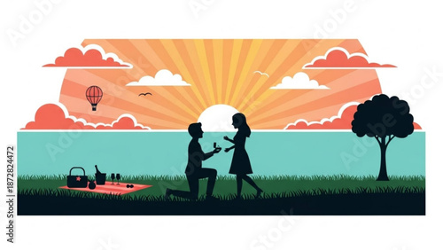 Man Proposing to Woman at Sunset on Green Grassy Field with Hot Air Balloon