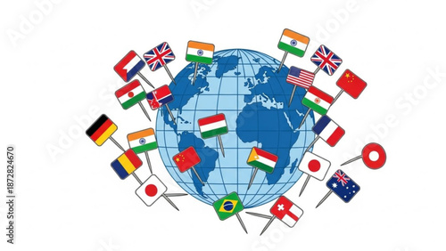 International Flags Surrounding Globe Symbolizing Global Unity and Diversity