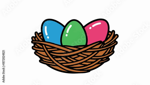 A woven nest cradles three vibrantly colored, shiny eggs