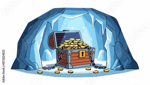 An open treasure chest overflows with golden coins inside a shimmering icy cavern with scattered coins on the floor