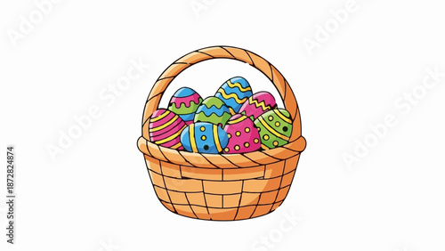 A woven basket overflowing with vibrantly decorated Easter eggs