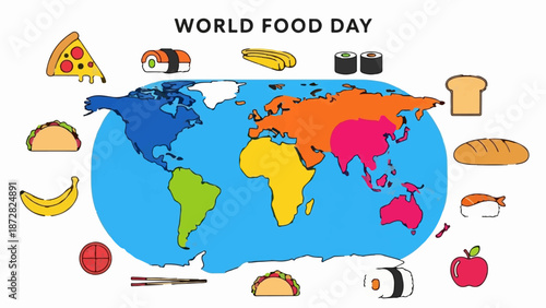 A world map illustration featuring various global foods around it