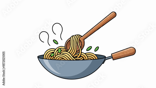 A wooden spoon lifts steaming noodles with green peas from a wok