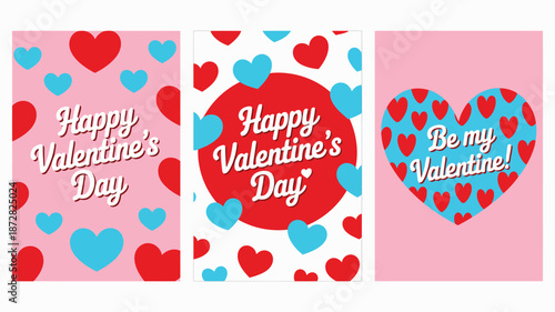 Set of 3 Happy Valentine's Day greeting cards with red and blue hearts