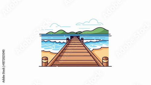 A wooden pier extends towards the ocean with rolling green hills in the background under a cloudy sky