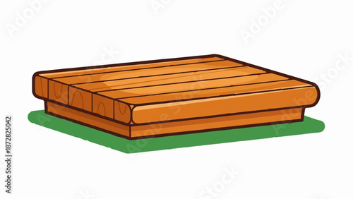 A wooden platform with planked surface rests on green grass