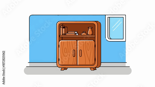 A wooden cabinet with books and vases sits against a blue wall with a window