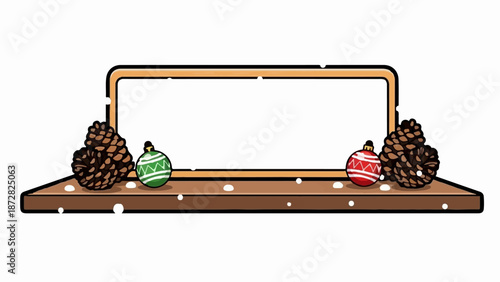 A wooden shelf decorated with pine cones and festive ornaments, dusted with snow