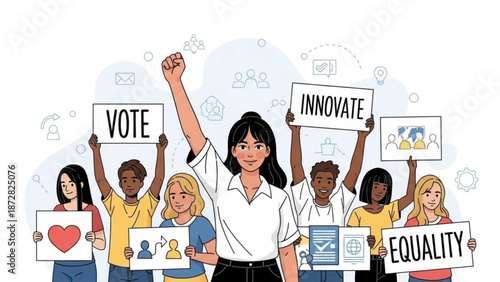 Diverse group of people holding signs for vote equality and innovate representing activism and social change vector illustrat