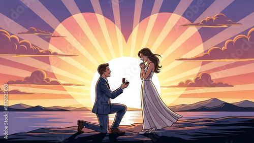 Man Proposing to Woman on Cliff during Sunset with Heart-Shaped Sky