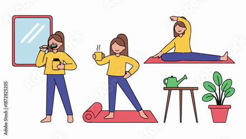 A woman's morning routine dental hygiene, coffee, yoga, and plant care