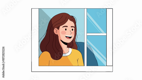 A woman with long brown hair and rosy cheeks looks out a window with blue panes