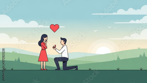 Man Proposing to Woman with Heart in Green Landscape during Sunset