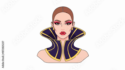 A woman with dramatic makeup and a striking, elaborate collar