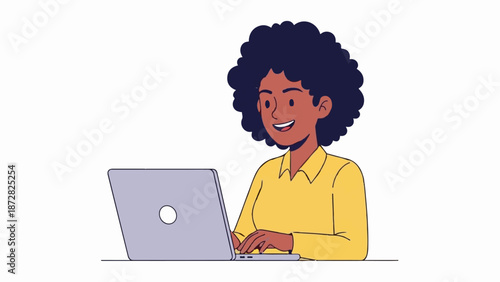 A woman with dark, curly hair smiles while typing on a laptop
