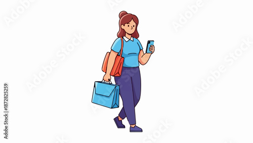 A woman with brown hair in a bun, wearing a blue shirt and purple pants, carries a blue briefcase and orange tote bag while looking at her phone