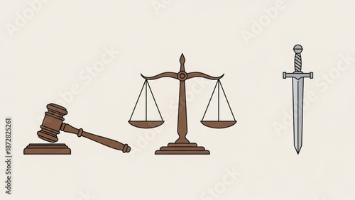 Justice symbols including a gavel scales of justice and sword representing law and order isolated on a light background