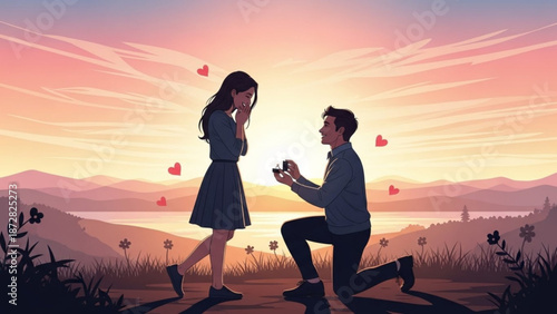 Man Proposing to Woman on One Knee at Sunset with Love Hearts in the Air