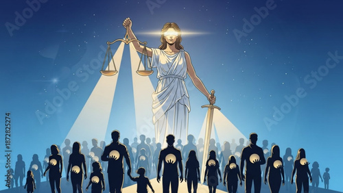 Lady Justice with scales and sword symbolizing law and order overseeing a crowd of people with glowing hearts representing ju