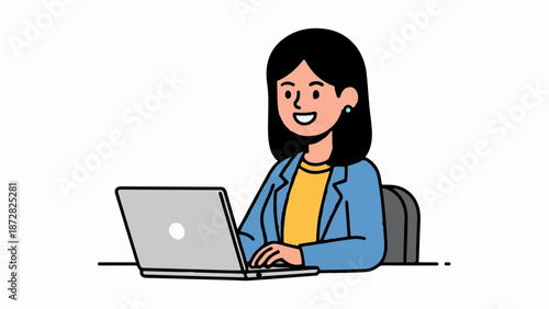 A woman with black hair, wearing a blue blazer and yellow shirt, types on a laptop at a desk