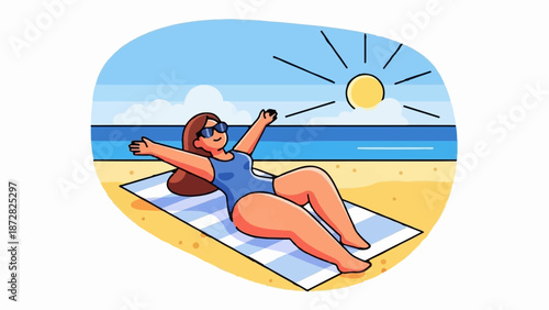 A woman sunbathes on a beach with the ocean and sun in the background
