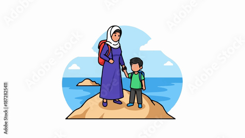 A woman in a hijab and a boy with backpacks stand hand-in-hand on a sandy hill overlooking the ocean