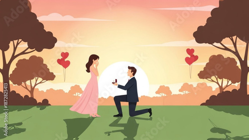 Man Proposing to Woman in Pink Dress during Sunset in Park