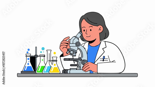 A woman in a lab coat looks through a microscope, with colorful liquids in beakers
