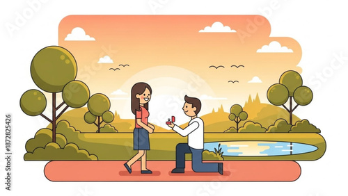 Man Proposing to Woman in Park during Sunset