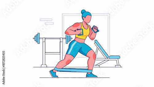 A woman in a gym uses a resistance band for a workout, with weights and a bench visible